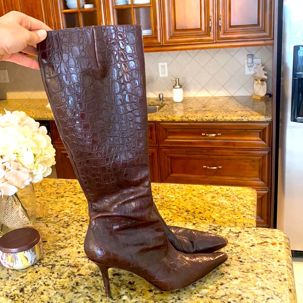 Ellen Tracy Knee high embossed stiletto boots